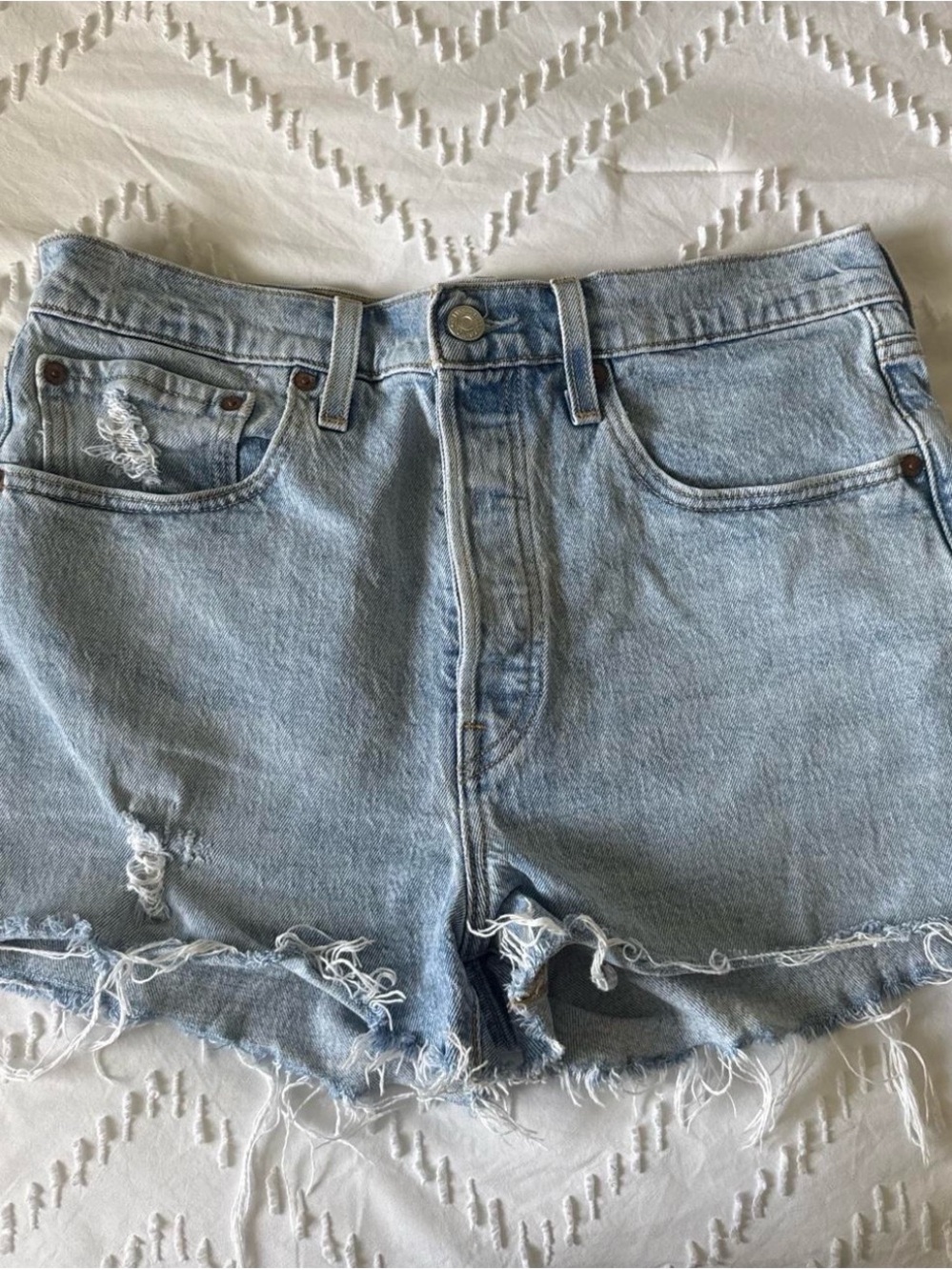 Levi's Light Blue Distressed High-Rise Denim Shorts